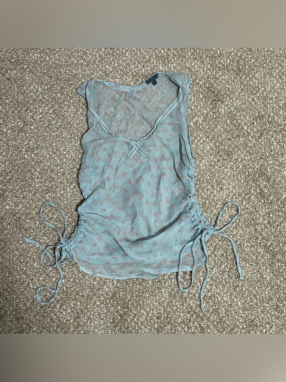 Light Blue Floral Ruching Tie-Side Sleeveless Top